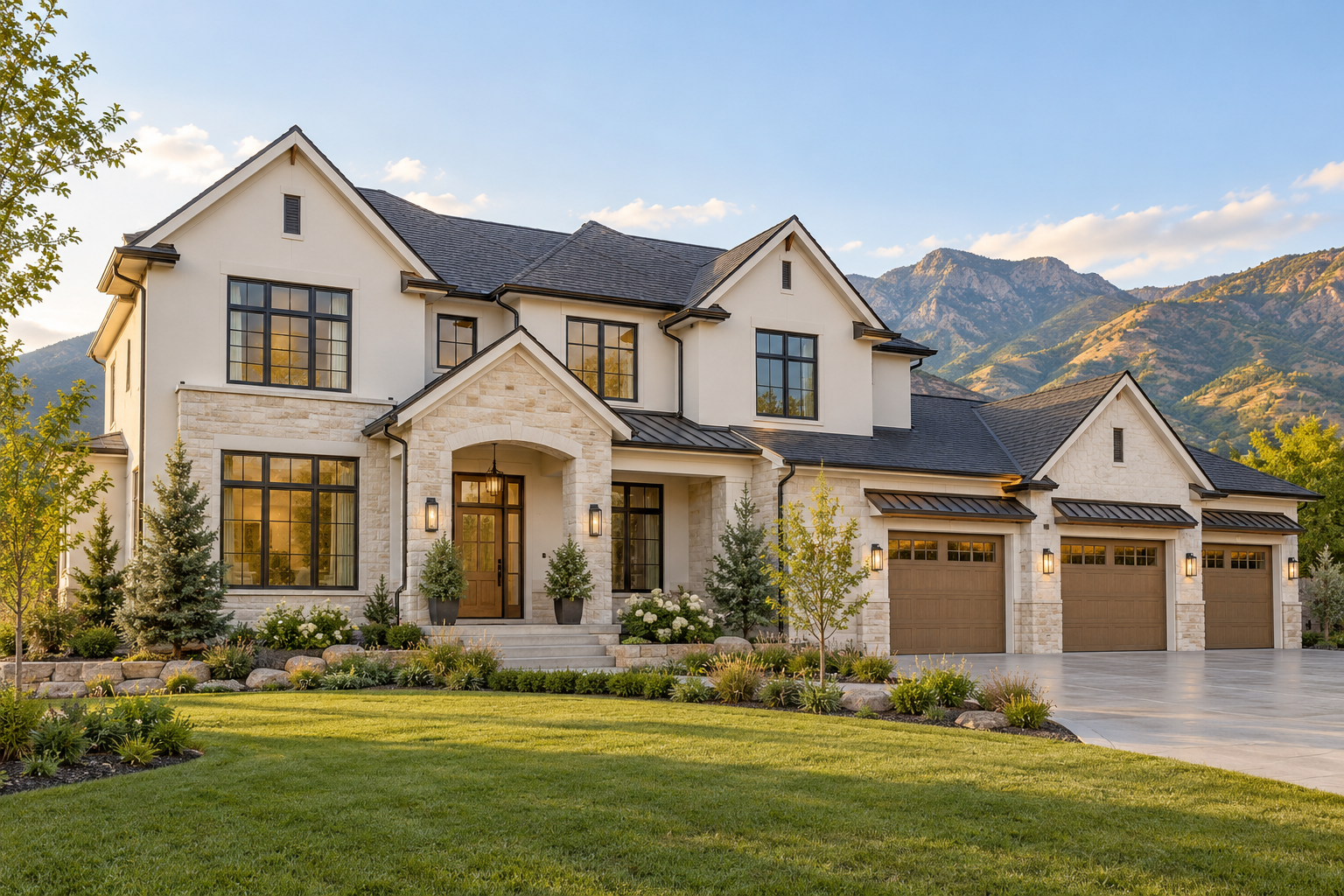 Cream-and-stone two-story home with a three-car garage and mountain backdrop