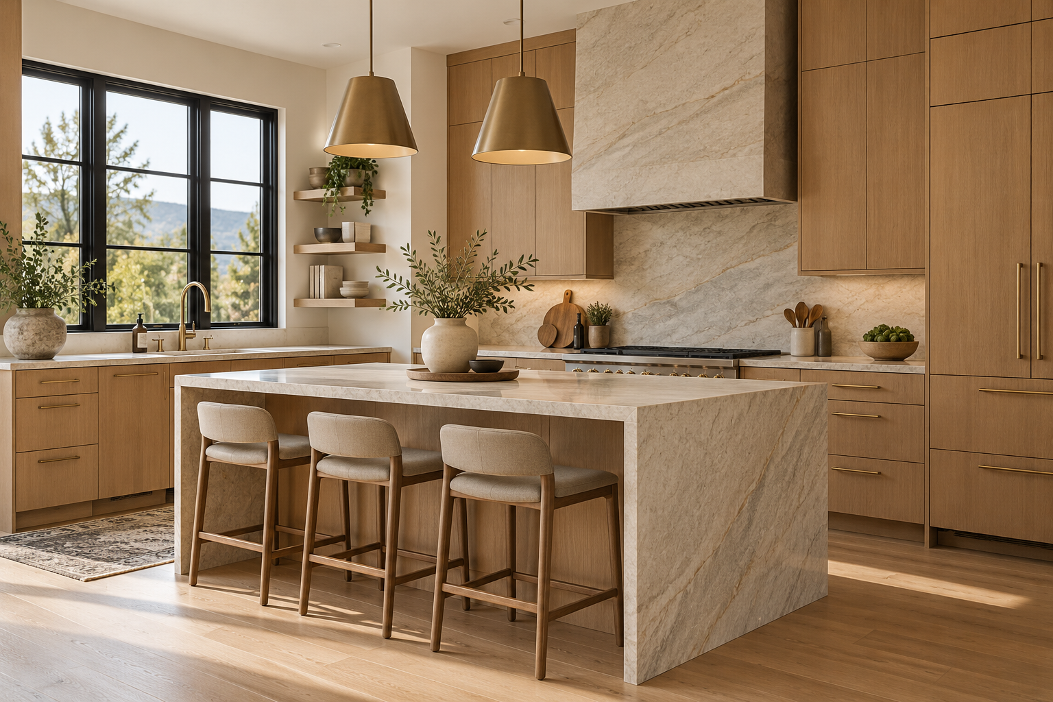Modern kitchen with white oak cabinetry, a stone waterfall island, and brass pendant lights